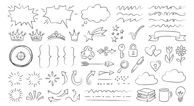 Hand drawn doodle elements and bullet journal icon set. Isolated vector illustration of black decorative sketches including speech bubbles, crowns, arrows, stars, and hearts for creative design.