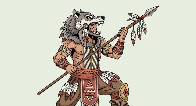 Tribal warrior with wolf headdress holding feathered spear
