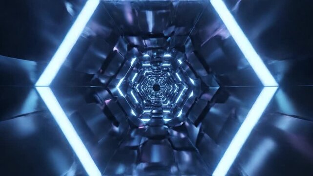 A futuristic tunnel with glowing hexagonal shapes and a sense of depth, creating a mesmerizing visual experience and abstract background