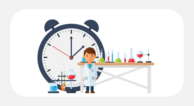 Young scientist in lab coat with chemistry equipment and alarm clock, symbolizing science experiments for kids and learning time
