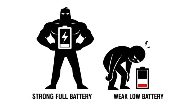 Superhero versus weakling with battery icons