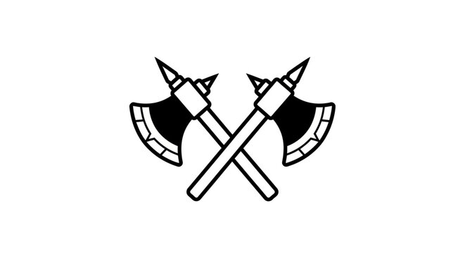 Two crossed battle axes icon black and white line art
