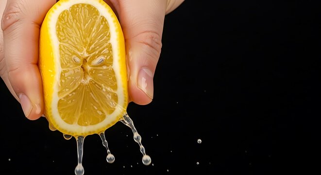 Hand squeezing fresh lemon juice drops