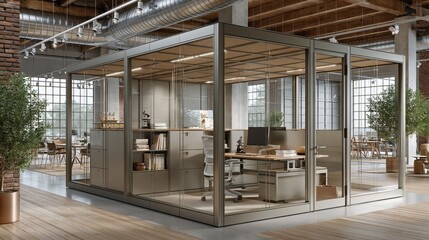 Fototapeta premium Modern Glass Office Pod and Meeting Room with Industrial Loft Interior Design