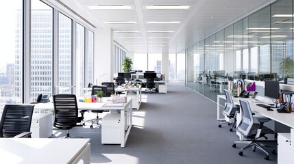 Fototapeta premium Modern Bright Open Plan Office Space with Desks, Chairs, and City Views
