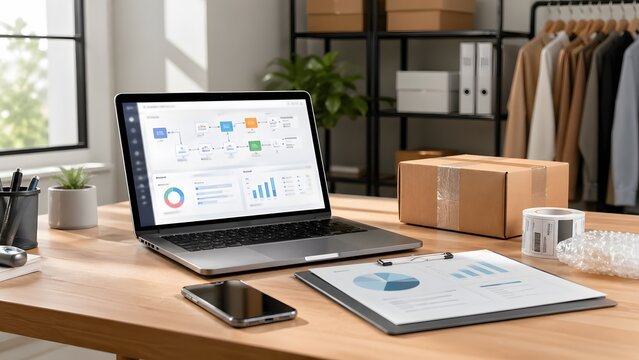 Small business order management workspace with shipping box and dashboard
