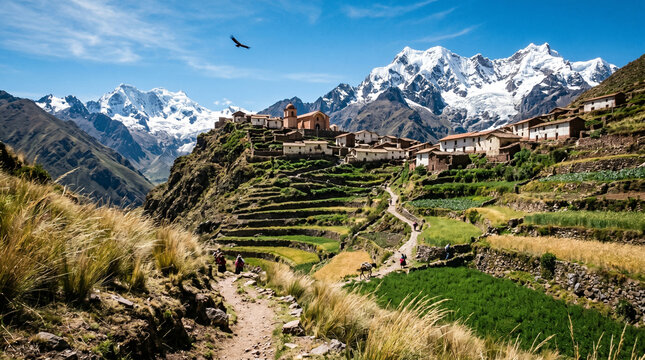 Scenic village nestled on the hillside below majestic snowy Andean mountain peaks