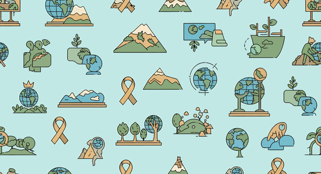 Earth Globe Mountains Trees Icons.