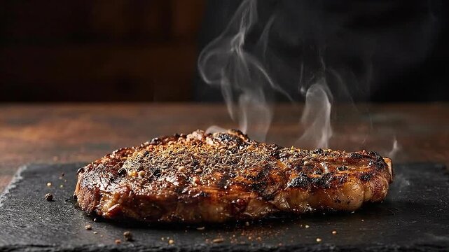 Grilled steak food with spices and smoke on black stone plate served as juicy, savory meat for dinner or lunch with steam rising from hot cooked meat and seasoning on slate board