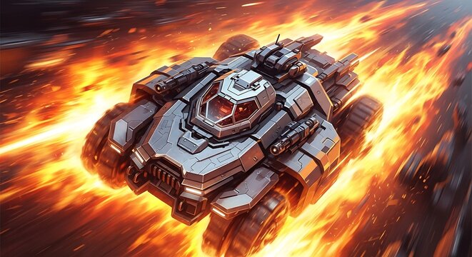 Mechanical war machine flying through fire explosion