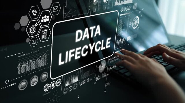 Data Lifecycle Concept in Digital Environment with Hands on Keyboard and Graphical Interface Elements. Asymptotic smart data analytic.
