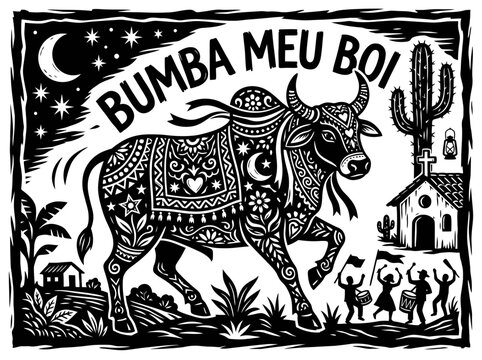 Bumba Meu Boi Brazilian Folklore Festival Woodcut Cordel Style Illustration with Decorated Bull, Musicians, and Sertao Landscape