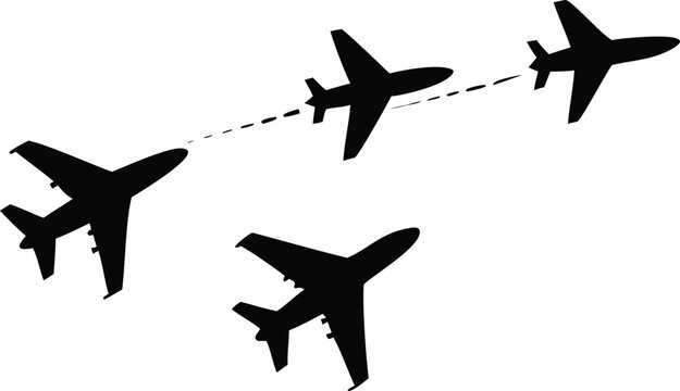 Airplane silhouettes with contrails black on white background