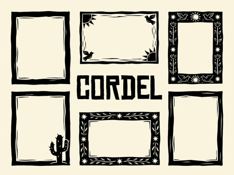 Set of Brazilian Cordel Style Woodcut Frames and Borders, Hand-Drawn Linocut Folk Art Vector Elements with Cactus and Sun motifs