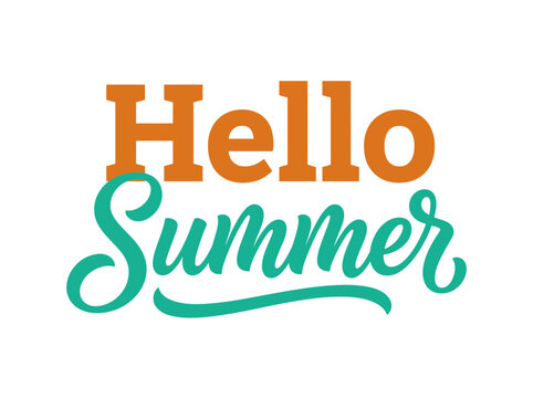 Hello Summer Typography Design with Orange Serif and Teal Cursive Script Lettering on White Background