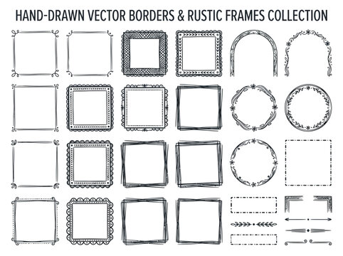 Hand-drawn vector borders and rustic frames collection featuring sketchy squares, circles, wreaths, and dividers for elegant invitations, scrapbooking, and web design.