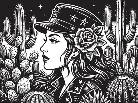 Vintage Woodcut Style Illustration of a Chicana Woman with Rose and Starred Cap in a Desert Cactus Landscape, Black and White Graphic Art