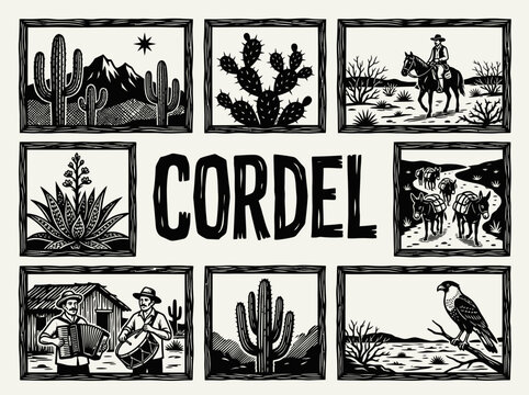 Brazilian Cordel Folk Art Woodcut Style Illustration Set, Northeast Sert&atilde;o Landscapes, Vaqueiro, Cacti, and Musicians