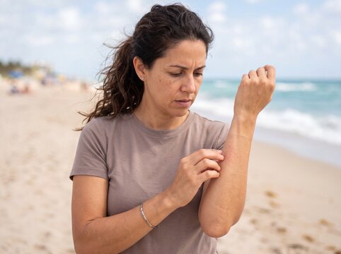 Mid adult woman examining an itchy forearm on a sandy beach for health awareness skincare and suncare background imagery