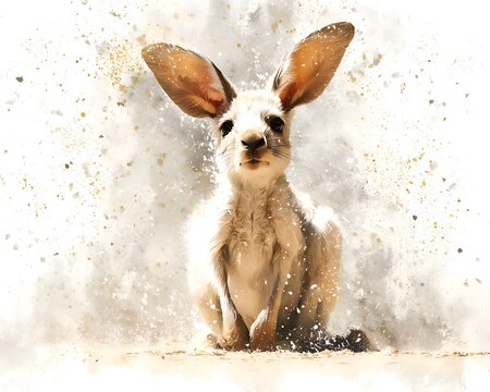A digitally painted bilby with large ears sits looking forward on light ground with watercolor splatters creating a fantasy Australian animal.