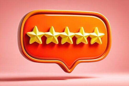 Five-star rating icon in glossy 3D speech bubble representing customer review and quality service