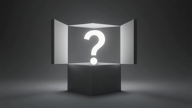 Open box with bright question mark, unknown surprise concept
