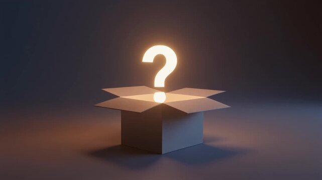 3D render of open box with light and question mark, concept video

