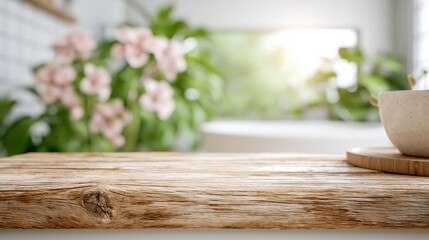 Fototapeta premium Rustic Wooden Tabletop with Softly Blurred Floral and Greenery Background, Natural Light