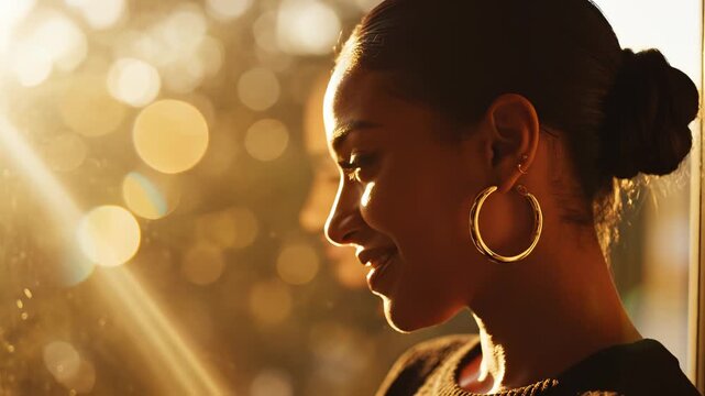 Profile of woman with hoop earrings in sunlight