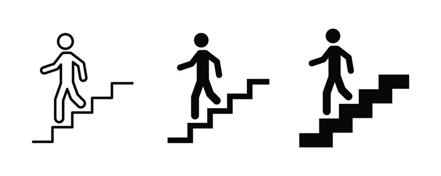 Stairs icon set. Man on the stairs icon. Man climbing stairs icon. Walking down the staircase or stairs. Climb down the stairs sign