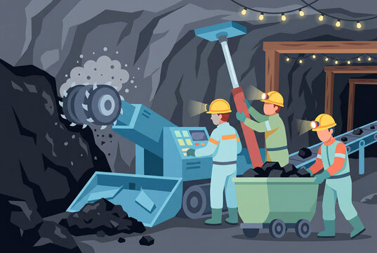 Underground miners working with drilling machine carts conveyor and coal extraction equipment in a mine tunnel for industrial safety poster and training material