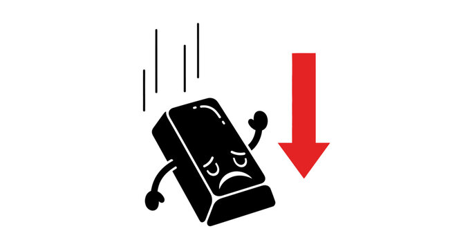 Sad gold bar falling with red down arrow