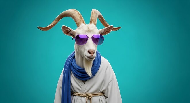 Goat wearing sunglasses and scarf on teal background