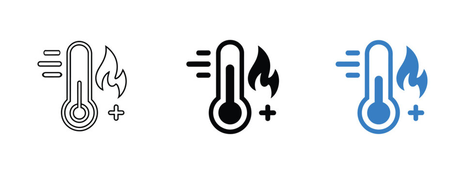 High temperature thermometer icon, hot heat indicator symbol, flame energy warning sign, thermal temperature concept, extreme heat condition pictogram
