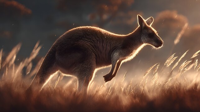 A kangaroo stands proudly in a field of golden grass illuminated by warm sunlight du the soft glow of sunrise or sunset light effect.