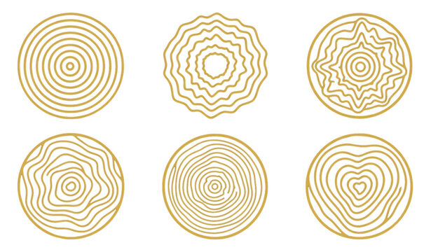 Modern abstract golden tree ring vector icon tiles with uniform bold outlines on black background