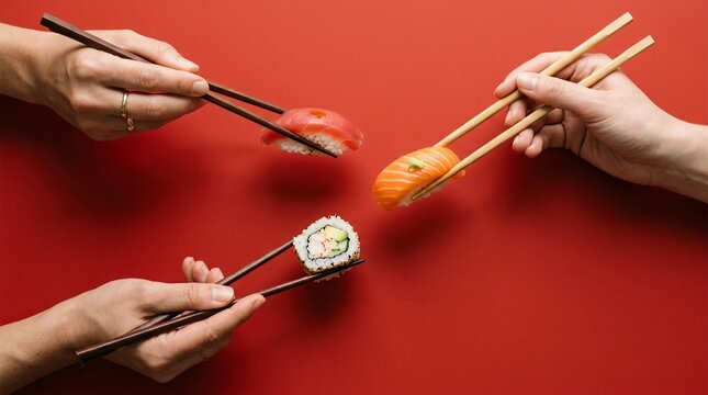 Close-up hands with chopsticks picking up delicious sushi and maki rolls on red background