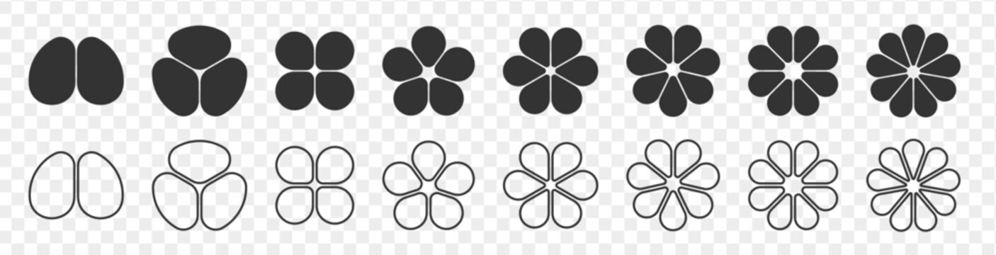 Flower pie chart set. Black and outline infographic template for marketing and business projects