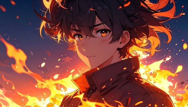A young man with fiery eyes and hair surrounded by flames