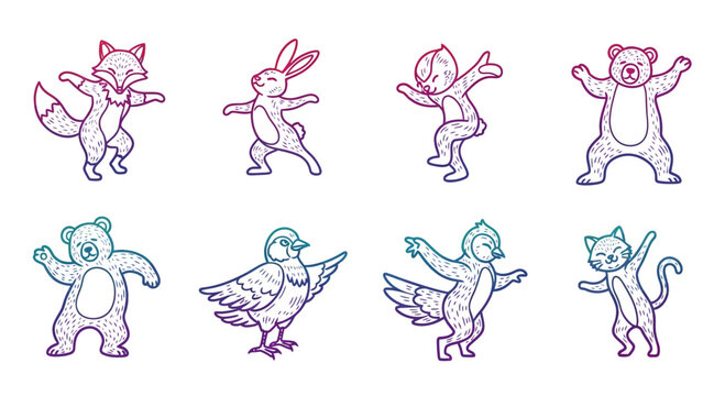 Cute Animals Dancing and Exercising, Set of Cartoon Characters