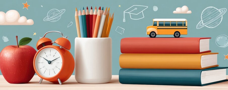 Back-to-school still life with books, apple, pencils, alarm clock and school bus toy