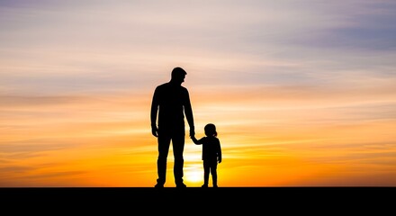 Fototapeta premium Heartwarming father's day silhouette dad and child holding hands at sunset