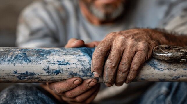 Close up of weathered hands gripping wooden pipe with visible wear and patina, showing experienced tradesman at work. Blue-collar labor, skilled trades, construction craftsmanship.