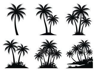 Palm Tree Silhouette Set - Collection of Tropical Coconut Trees, Exotic Islands, and Summer Beach Elements for Graphic Design and Logo Templates © Arfi