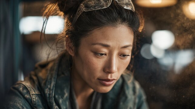 Thoughtful Asian woman looking down with concerned expression in urban setting with bokeh lights. Mental health awareness, stress management, depression support, emotional wellness.
