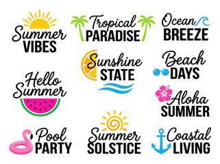 Collection of Summer Quotes and Typographic Badges with Tropical Elements like Palm Trees, Sun, Watermelon and Flamingo © Arfi