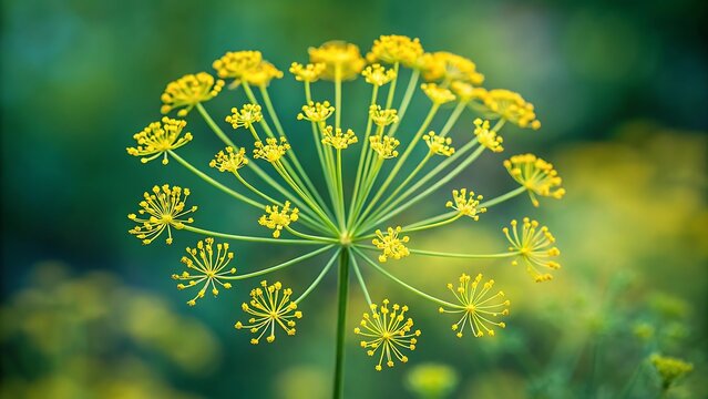 Macro photography of a vibrant yellow dill flower umbel blooming in a lush garden with soft green background.
