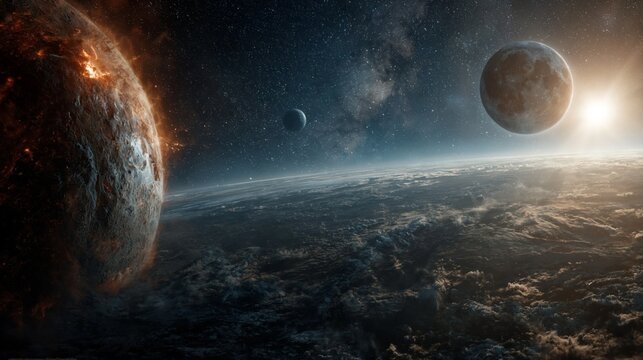 Dramatic space scene with sun, planets, and moon orbiting above Earth with clouds and atmosphere. Concepts of cosmic exploration, astronomy science, universe discovery, celestial navigation.