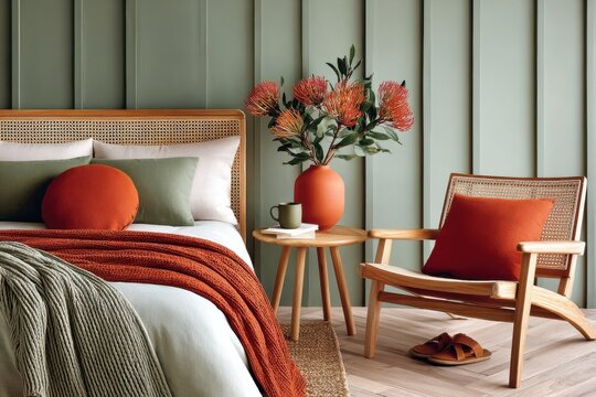 Cozy modern bedroom with orange accents, rattan bed and chair, textured throws and vase