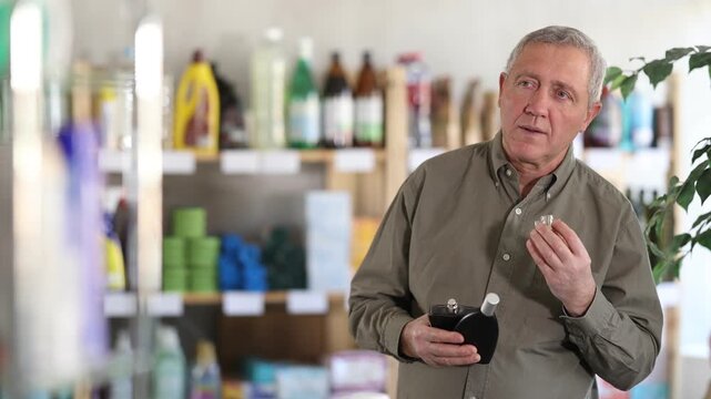 Senior man sniffs fragrance of perfume, choose scent spray with pleasant smell. Customer pulverize perfume, chooses toilet water. Client sprays perfume, snuff it and chooses perfume